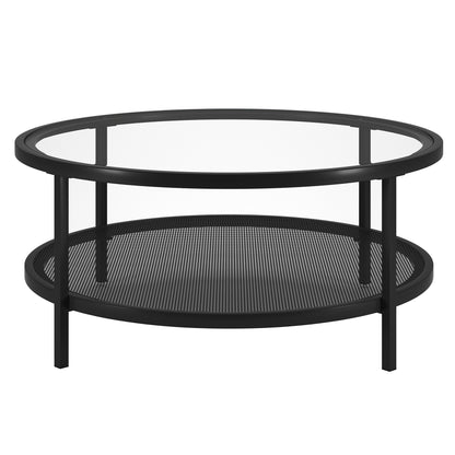 Table basse ronde en verre noir et acier de 36 po avec étagère