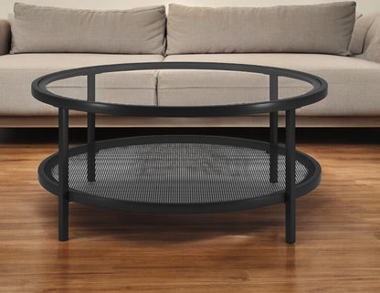 Table basse ronde en verre noir et acier de 36 po avec étagère