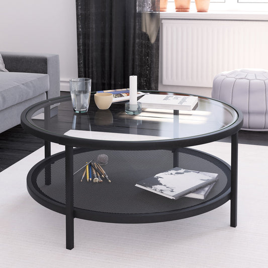 Table basse ronde en verre noir et acier de 36 po avec étagère