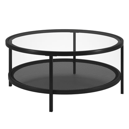 Table basse ronde en verre noir et acier de 36 po avec étagère