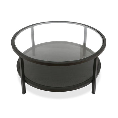 Table basse ronde en verre noir et acier de 36 po avec étagère