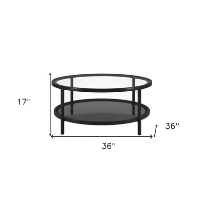 Table basse ronde en verre noir et acier de 36 po avec étagère