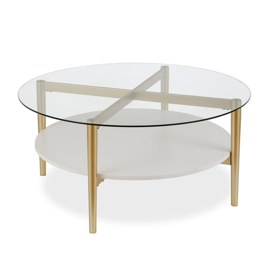 Table basse ronde en verre et acier transparent et doré de 36 po avec étagère