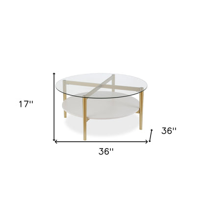 Table basse ronde en verre et acier transparent et doré de 36 po avec étagère