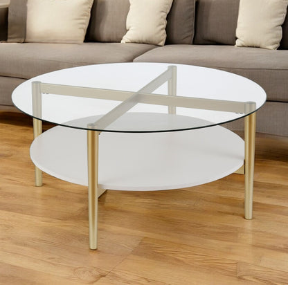 Table basse ronde en verre et acier transparent et doré de 36 po avec étagère