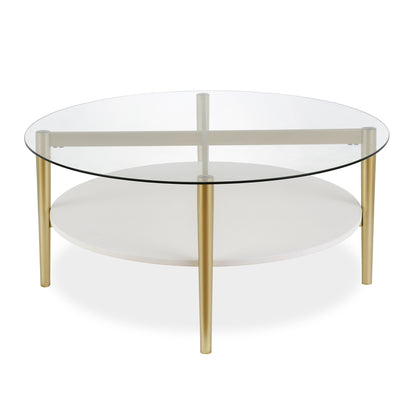 Table basse ronde en verre et acier transparent et doré de 36 po avec étagère