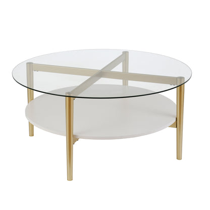 Table basse ronde en verre et acier transparent et doré de 36 po avec étagère