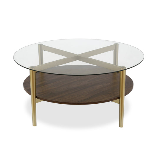 Table basse ronde en verre doré et acier de 36 po avec étagère