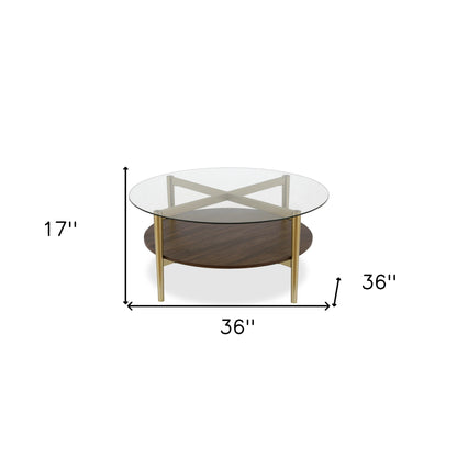 Table basse ronde en verre doré et acier de 36 po avec étagère