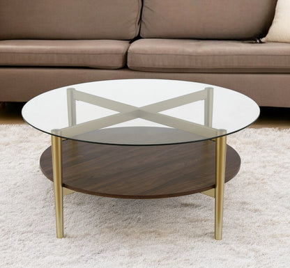 Table basse ronde en verre doré et acier de 36 po avec étagère