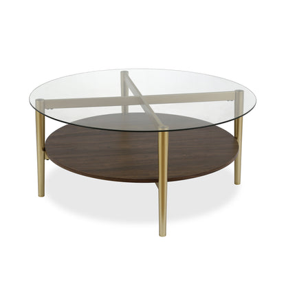 Table basse ronde en verre doré et acier de 36 po avec étagère