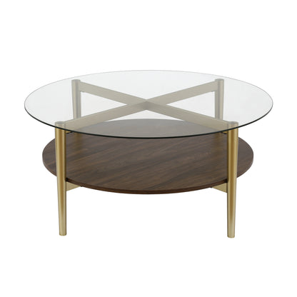 Table basse ronde en verre doré et acier de 36 po avec étagère