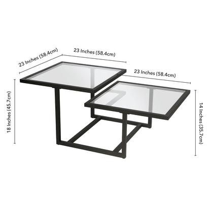 Table basse carrée en verre noir et acier de 43 po avec deux étagères