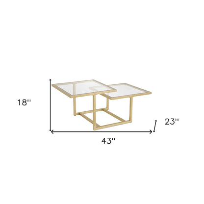 Table basse carrée en verre doré et acier de 43 po avec deux étagères