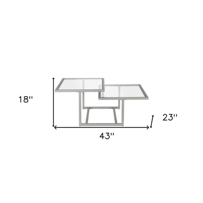 Table basse carrée en verre argenté et acier de 43 po avec deux étagères