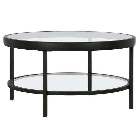 Table basse ronde en verre et acier transparent et noir de 32 po avec étagère