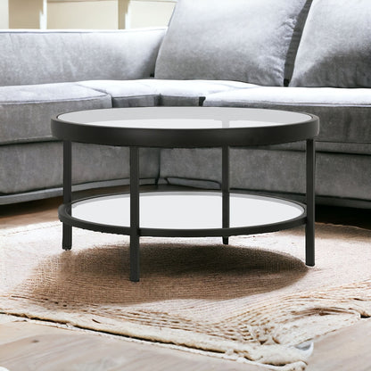 Table basse ronde en verre et acier transparent et noir de 32 po avec étagère