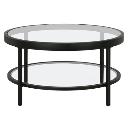 Table basse ronde en verre et acier transparent et noir de 32 po avec étagère