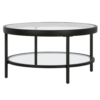 Table basse ronde en verre et acier transparent et noir de 32 po avec étagère