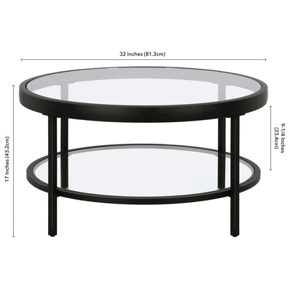 Table basse ronde en verre et acier transparent et noir de 32 po avec étagère