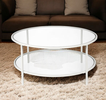 Table basse ronde en verre blanc et acier de 36 po avec étagère