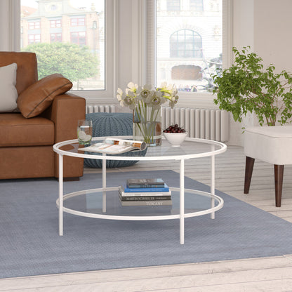 Table basse ronde en verre blanc et acier de 36 po avec étagère