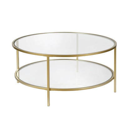 Table basse ronde en verre doré et acier de 36 po avec étagère