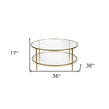 Table basse ronde en verre doré et acier de 36 po avec étagère