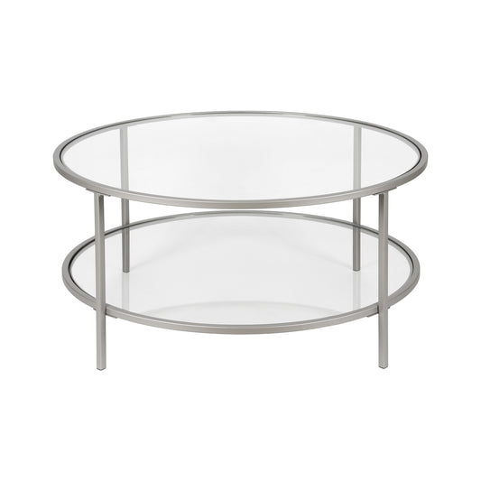 Table basse ronde en verre argenté et acier de 36 po avec étagère