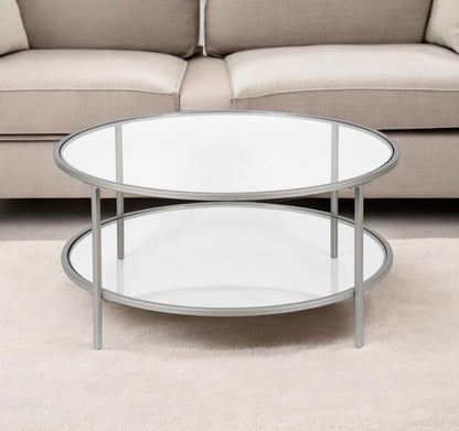 Table basse ronde en verre argenté et acier de 36 po avec étagère