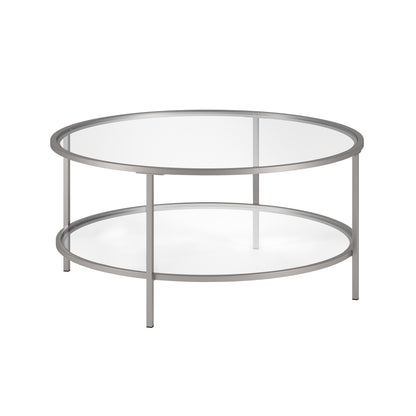 Table basse ronde en verre argenté et acier de 36 po avec étagère