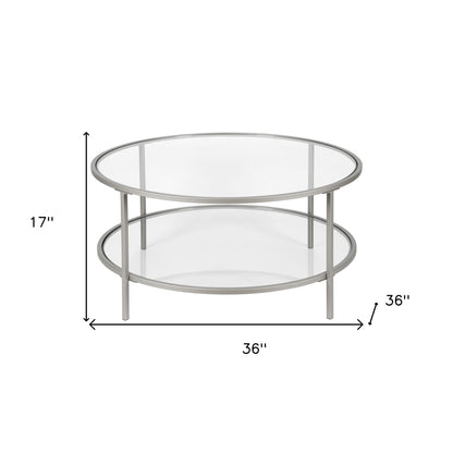 Table basse ronde en verre argenté et acier de 36 po avec étagère