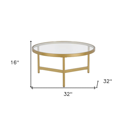 Table basse ronde en verre doré et acier de 32 po