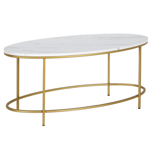 Table basse ovale en faux marbre et acier blanc et doré de 42 po