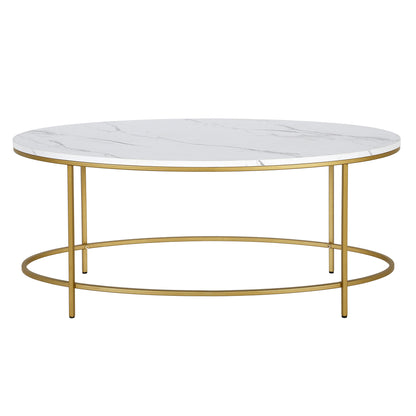 Table basse ovale en faux marbre et acier blanc et doré de 42 po