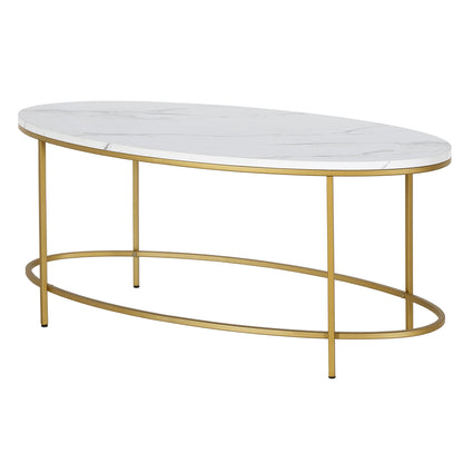 Table basse ovale en faux marbre et acier blanc et doré de 42 po