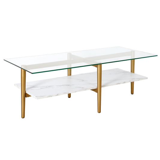 Table basse en verre et acier blanc et doré de 47 po avec étagère