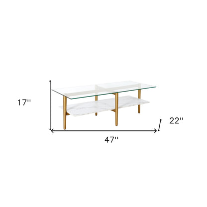 Table basse en verre et acier blanc et doré de 47 po avec étagère