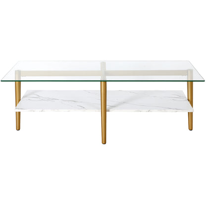 Table basse en verre et acier blanc et doré de 47 po avec étagère