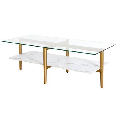 Table basse en verre et acier blanc et doré de 47 po avec étagère