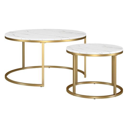 Ensemble de deux tables basses rondes gigognes en faux marbre blanc et or et acier de 35 po