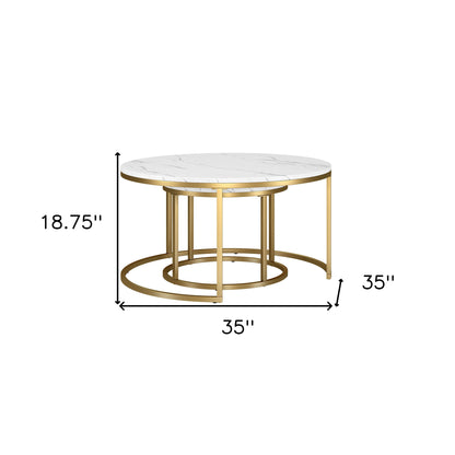 Ensemble de deux tables basses rondes gigognes en faux marbre blanc et or et acier de 35 po