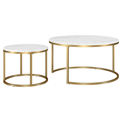 Ensemble de deux tables basses rondes gigognes en faux marbre blanc et or et acier de 35 po