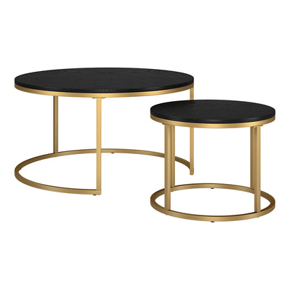 Ensemble de deux tables basses rondes gigognes en acier noir et doré de 35 po