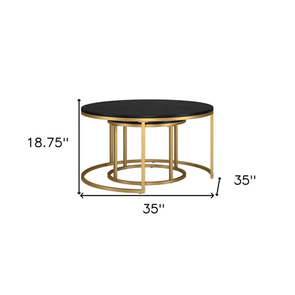 Ensemble de deux tables basses rondes gigognes en acier noir et doré de 35 po