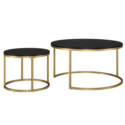 Ensemble de deux tables basses rondes gigognes en acier noir et doré de 35 po