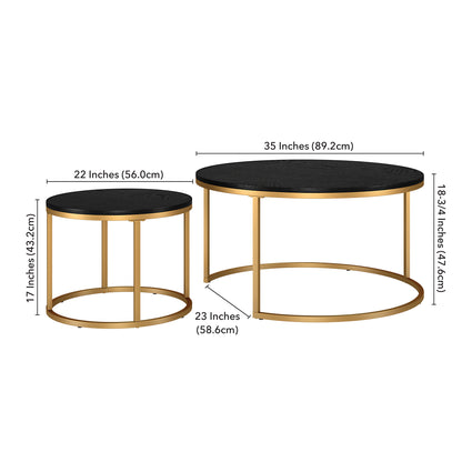 Ensemble de deux tables basses rondes gigognes en acier noir et doré de 35 po