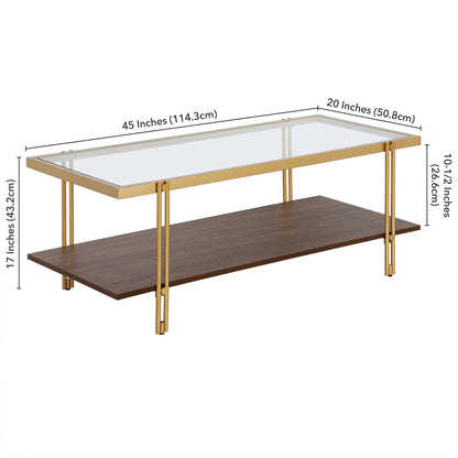 Table basse en verre et acier brun et doré de 45 po avec étagère