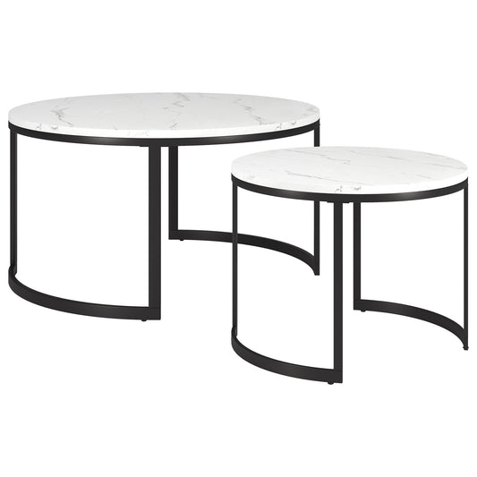 Ensemble de deux tables basses rondes gigognes en faux marbre blanc et noir et en acier de 36 po