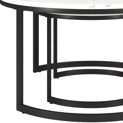 Ensemble de deux tables basses rondes gigognes en faux marbre blanc et noir et en acier de 36 po